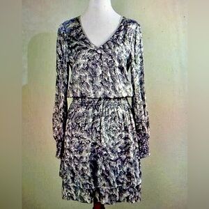 White House Black Market silver and black long sleeved dress.